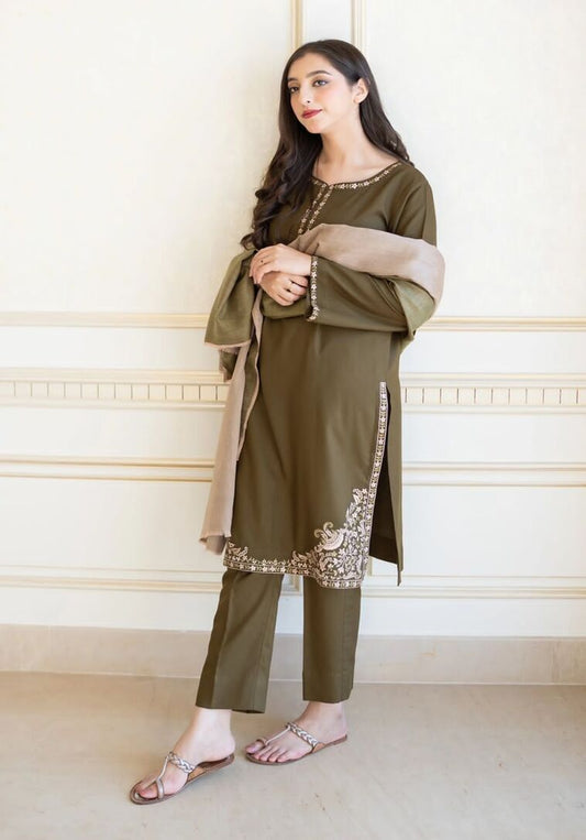 3 PIECE EMBROIDERED DHANAK SUIT