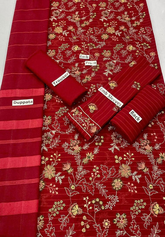 3PIECE UNSTITCHED EMBROIDED DHANAK WITH FANCY VELVET SHAWL